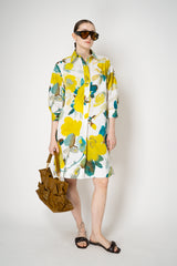 Sara Roka Belted Cotton Shirtdress in Lime Green Watercolour Print Vancouver. Shop Online or in Store.