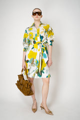 Sara Roka Belted Cotton Shirtdress in Lime Green Watercolour Print Vancouver. Shop Online or in Store.