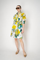 Sara Roka Belted Cotton Shirtdress in Lime Green Watercolour Print Vancouver. Shop Online or in Store.