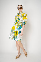 Sara Roka Belted Cotton Shirtdress in Lime Green Watercolour Print Vancouver. Shop Online or in Store.