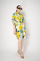 Sara Roka Belted Cotton Shirtdress in Lime Green Watercolour Print Vancouver. Shop Online or in Store.