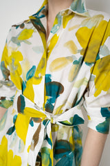 Sara Roka Belted Cotton Shirtdress in Lime Green Watercolour Print Vancouver. Shop Online or in Store.