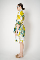 Sara Roka Belted Cotton Shirtdress in Lime Green Watercolour Print Vancouver. Shop Online or in Store.