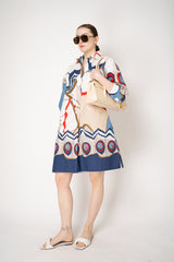 Sara Roka Cotton Belted Shirtdress in Blue and Red Butterflies Print Vancouver. Shop Online or in Store.