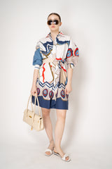 Sara Roka Cotton Belted Shirtdress in Blue and Red Butterflies Print Vancouver. Shop Online or in Store.
