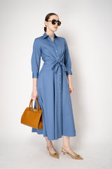 Sara Roka Cotton Poplin Tie Front Shirt Dress in Dutch Blue Vancouver. Shop Online or in Store.