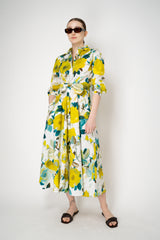 Sara Roka Cotton Poplin Tie Front Shirt Dress in Watercolour Lime and Blue Floral Print Vancouver. Shop Online or in Store.
