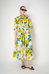 Sara Roka Cotton Poplin Tie Front Shirt Dress in Watercolour Lime and Blue Floral Print Vancouver. Shop Online or in Store.
