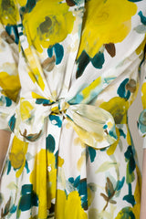 Sara Roka Cotton Poplin Tie Front Shirt Dress in Watercolour Lime and Blue Floral Print Vancouver. Shop Online or in Store.