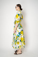 Sara Roka Cotton Poplin Tie Front Shirt Dress in Watercolour Lime and Blue Floral Print Vancouver. Shop Online or in Store.