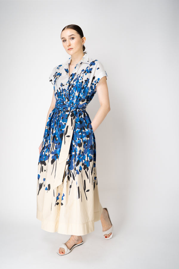 Sara Roka Cotton Poplin Wrap Shirtdress in Cream and Blue Garden Print Vancouver. Shop Online or in Store.