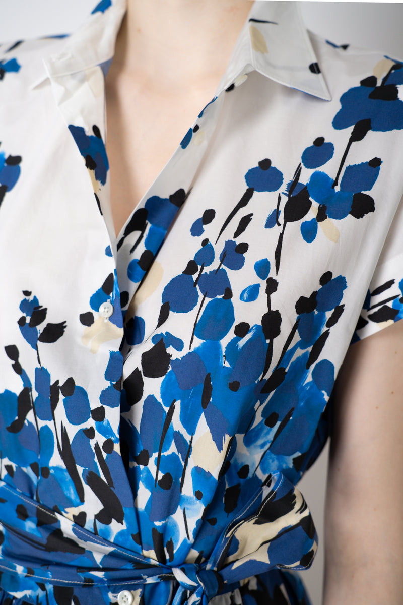 Sara Roka Cotton Poplin Wrap Shirtdress in Cream and Blue Garden Print Vancouver. Shop Online or in Store.