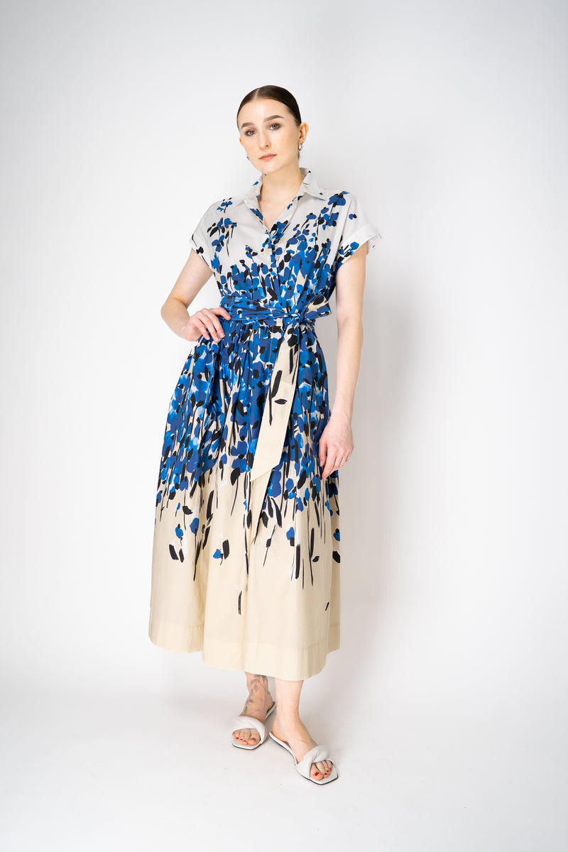 Sara Roka Cotton Poplin Wrap Shirtdress in Cream and Blue Garden Print Vancouver. Shop Online or in Store.