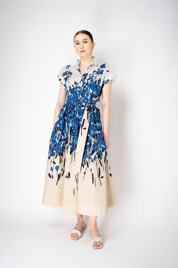 Sara Roka Cotton Poplin Wrap Shirtdress in Cream and Blue Garden Print Vancouver. Shop Online or in Store.