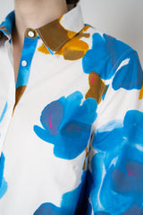 Sara Roka Cotton Shirtdress in Blue Watercolour Rose Print Vancouver. Shop Online or in Store.