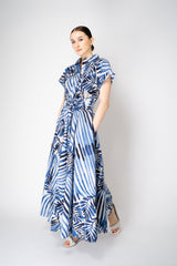 Sara Roka Cotton Shirtdress with Tie Front  in White and Blue Watercolor Deco Leaves Print Vancouver. Shop Online or in Store.