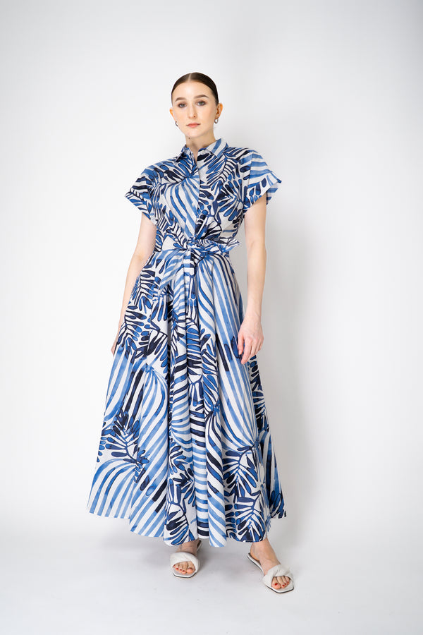 Sara Roka Cotton Shirtdress with Tie Front  in White and Blue Watercolor Deco Leaves Print Vancouver. Shop Online or in Store.