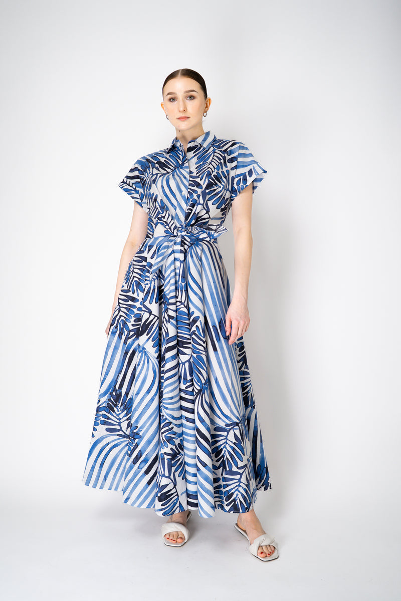 Sara Roka Cotton Shirtdress with Tie Front  in White and Blue Watercolor Deco Leaves Print Vancouver. Shop Online or in Store.