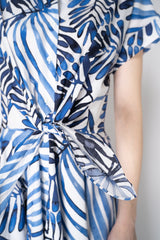 Sara Roka Cotton Shirtdress with Tie Front  in White and Blue Watercolor Deco Leaves Print Vancouver. Shop Online or in Store.