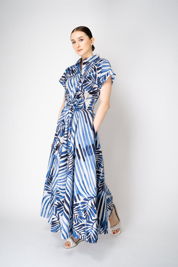 Sara Roka Cotton Shirtdress with Tie Front  in White and Blue Watercolor Deco Leaves Print Vancouver. Shop Online or in Store.