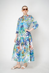 Sara Roka Cotton Shirtdress with Tiered Skirt in Blue Flamingo Sky Print Vancouver. Shop Online or in Store.