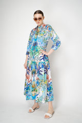 Sara Roka Cotton Shirtdress with Tiered Skirt in Blue Flamingo Sky Print Vancouver. Shop Online or in Store.