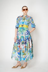 Sara Roka Cotton Shirtdress with Tiered Skirt in Blue Flamingo Sky Print Vancouver. Shop Online or in Store.
