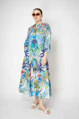 Sara Roka Cotton Shirtdress with Tiered Skirt in Blue Flamingo Sky Print Vancouver. Shop Online or in Store.