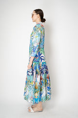 Sara Roka Cotton Shirtdress with Tiered Skirt in Blue Flamingo Sky Print Vancouver. Shop Online or in Store.
