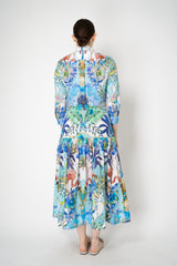 Sara Roka Cotton Shirtdress with Tiered Skirt in Blue Flamingo Sky Print Vancouver. Shop Online or in Store.