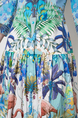 Sara Roka Cotton Shirtdress with Tiered Skirt in Blue Flamingo Sky Print Vancouver. Shop Online or in Store.