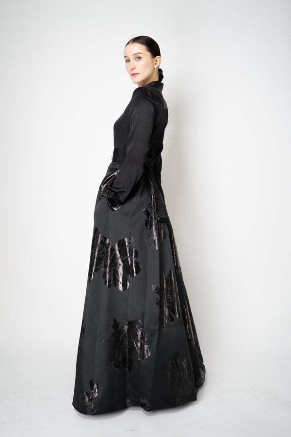 Sara Roka Floral Jacquard Long Sleeve Silk Twill Maxi Dress in Black Vancouver. Shop Online or in Store.