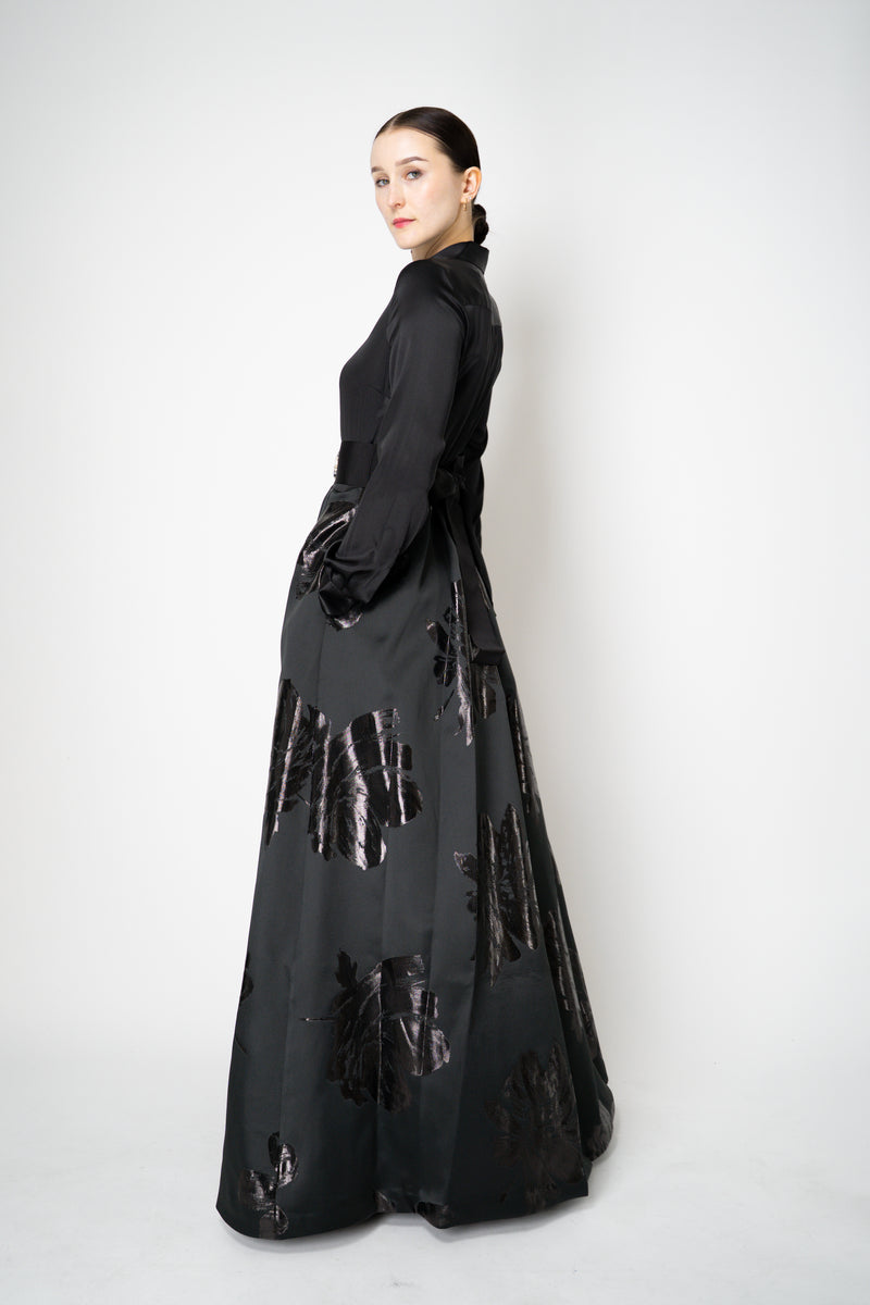 Sara Roka Floral Jacquard Long Sleeve Silk Twill Maxi Dress in Black Vancouver. Shop Online or in Store.