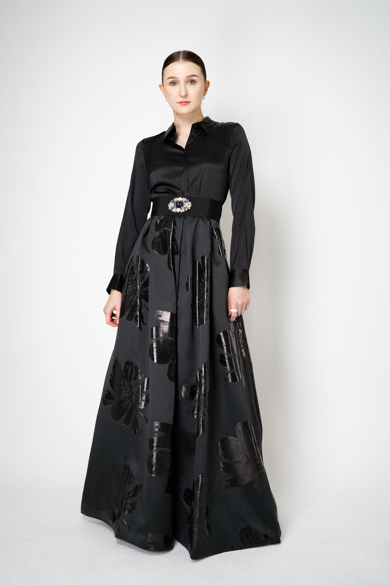 Sara Roka Floral Jacquard Long Sleeve Silk Twill Maxi Dress in Black Vancouver. Shop Online or in Store.