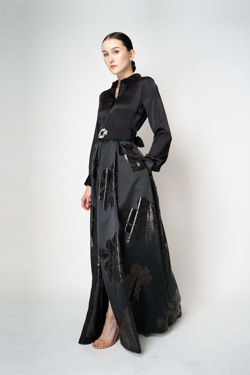 Sara Roka Floral Jacquard Long Sleeve Silk Twill Maxi Dress in Black Vancouver. Shop Online or in Store.