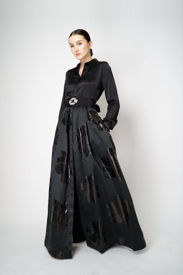 Sara Roka Floral Jacquard Long Sleeve Silk Twill Maxi Dress in Black Vancouver. Shop Online or in Store.
