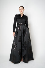 Sara Roka Floral Jacquard Long Sleeve Silk Twill Maxi Dress in Black Vancouver. Shop Online or in Store.