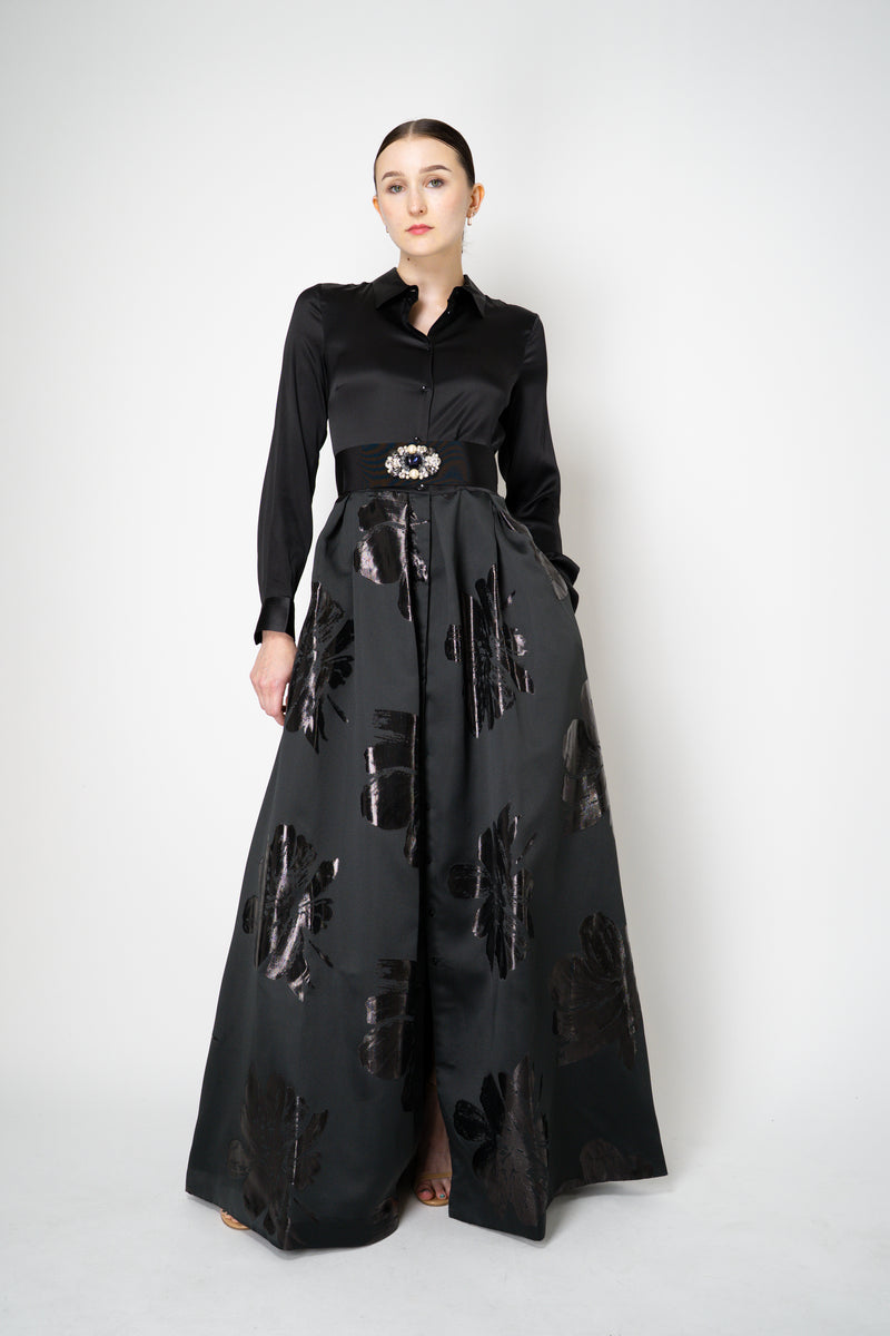 Sara Roka Floral Jacquard Long Sleeve Silk Twill Maxi Dress in Black Vancouver. Shop Online or in Store.