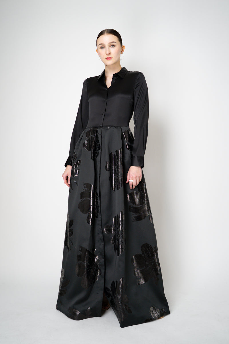 Sara Roka Floral Jacquard Long Sleeve Silk Twill Maxi Dress in Black Vancouver. Shop Online or in Store.