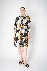 Sara Roka Knee Length Cotton Poplin Shirtdress in Mustard and Black Natural Print Vancouver. Shop Online or in Store.