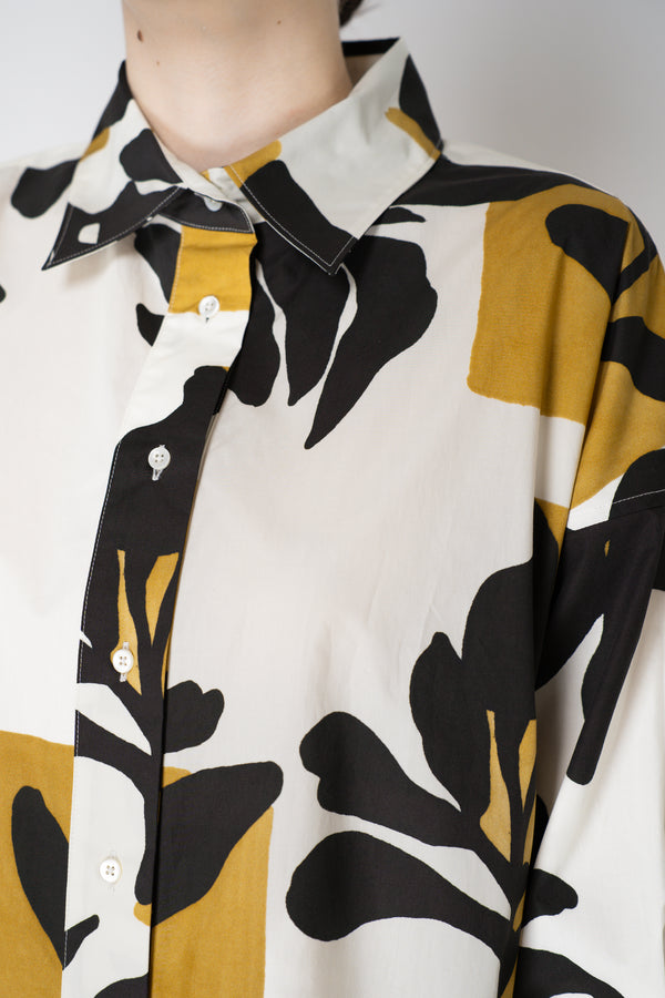 Sara Roka Knee Length Cotton Poplin Shirtdress in Mustard and Black Natural Print Vancouver. Shop Online or in Store.