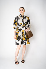 Sara Roka Knee Length Cotton Poplin Shirtdress in Mustard and Black Natural Print Vancouver. Shop Online or in Store.