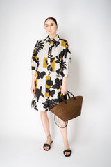 Sara Roka Knee Length Cotton Poplin Shirtdress in Mustard and Black Natural Print Vancouver. Shop Online or in Store.