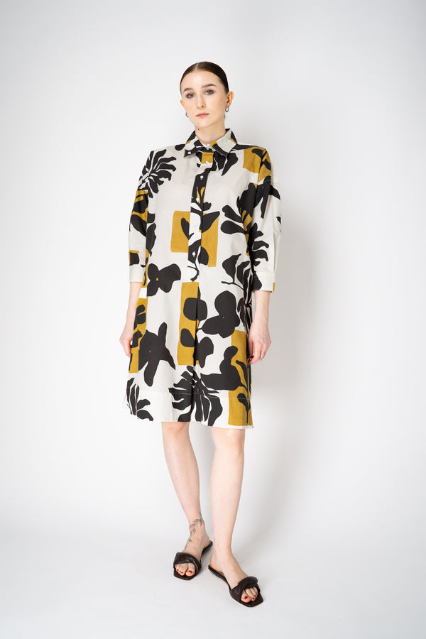 Sara Roka Knee Length Cotton Poplin Shirtdress in Mustard and Black Natural Print Vancouver. Shop Online or in Store.