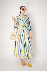 Sara Roka Linen Cotton Tie Front Shirt Dress in Blue Green Stripes Vancouver. Shop Online or in Store.