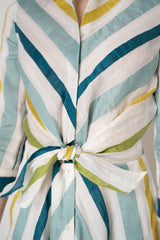 Sara Roka Linen Cotton Tie Front Shirt Dress in Blue Green Stripes Vancouver. Shop Online or in Store.