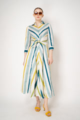 Sara Roka Linen Cotton Tie Front Shirt Dress in Blue Green Stripes Vancouver. Shop Online or in Store.