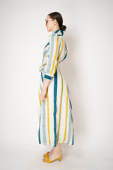 Sara Roka Linen Cotton Tie Front Shirt Dress in Blue Green Stripes Vancouver. Shop Online or in Store.