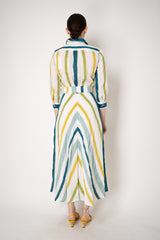 Sara Roka Linen Cotton Tie Front Shirt Dress in Blue Green Stripes Vancouver. Shop Online or in Store.