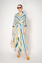 Sara Roka Linen Cotton Tie Front Shirt Dress in Blue Green Stripes Vancouver. Shop Online or in Store.